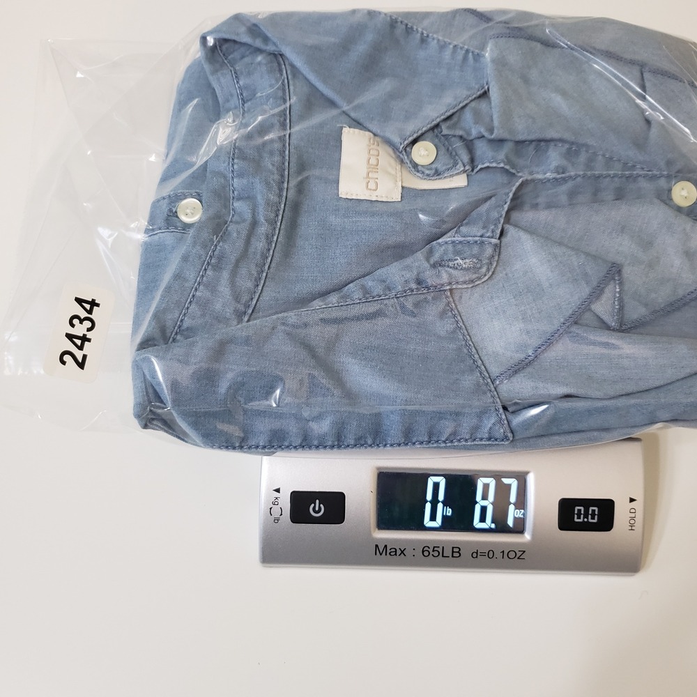 Chicos Chambray Ruffle Denim Shirt Women 2 L/US12 Button Up Blue Long Sleeve - Picture 4 of 9